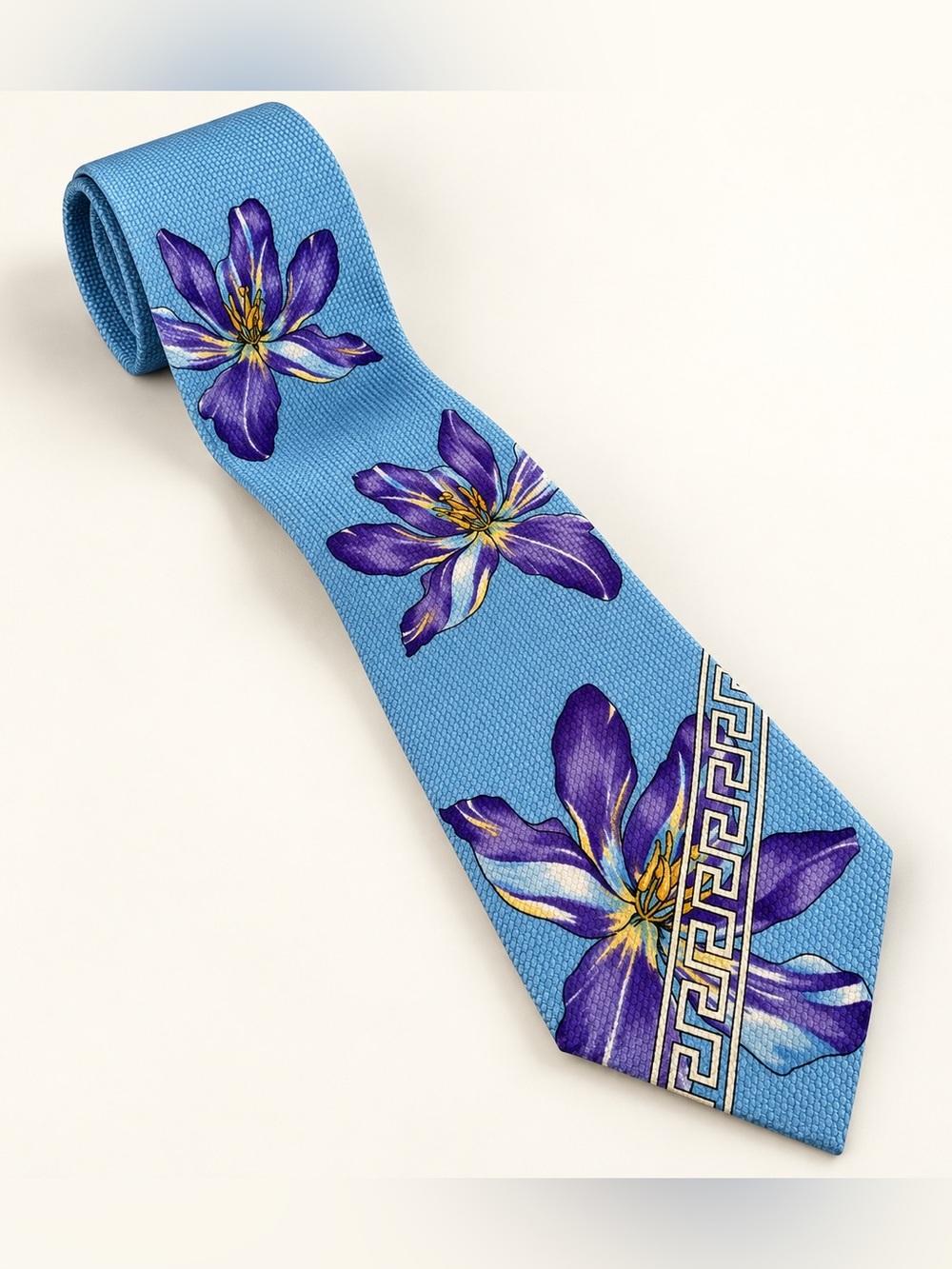 Vintage Gianni Versace Tie Blue Purple Iris Floral Greek Key 59" Italy
